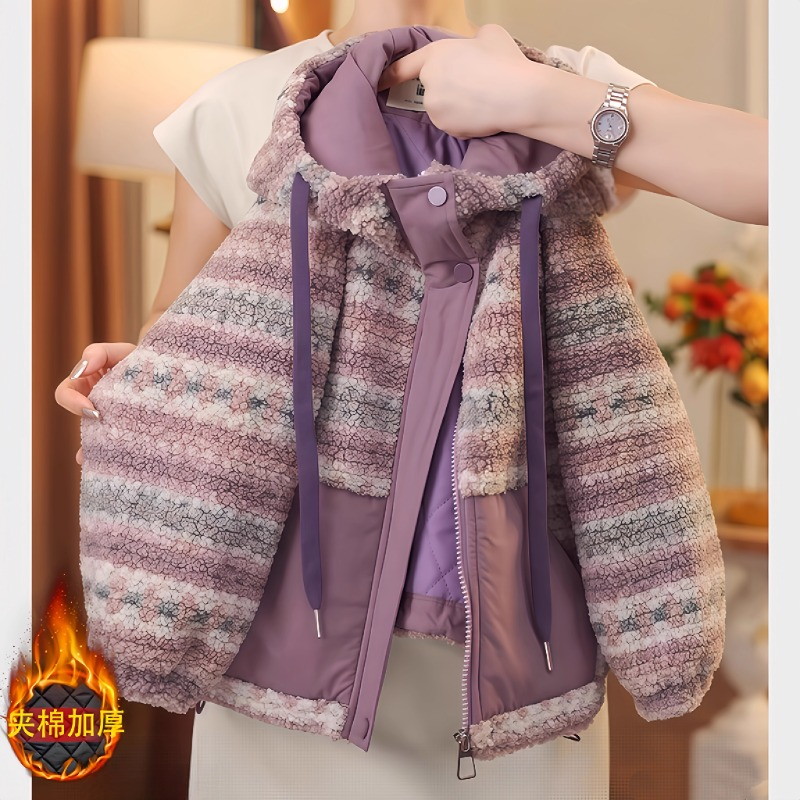 女童夹棉毛毛衣外套秋冬款2025新款加厚费尔岛羊羔毛棉衣二棉洋气