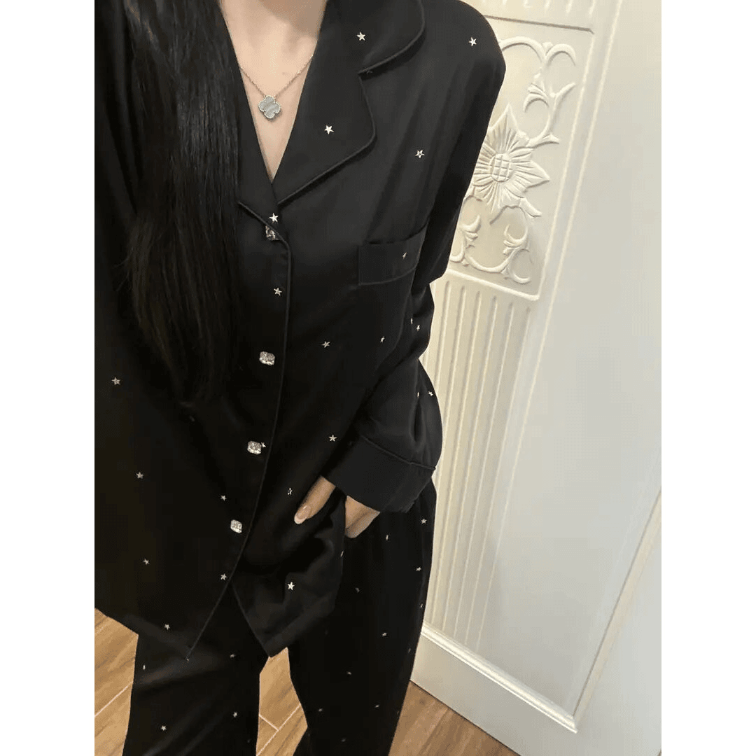 高级感黑色2025新款星河冰丝睡衣女春秋季长袖薄款大码夏天家居服