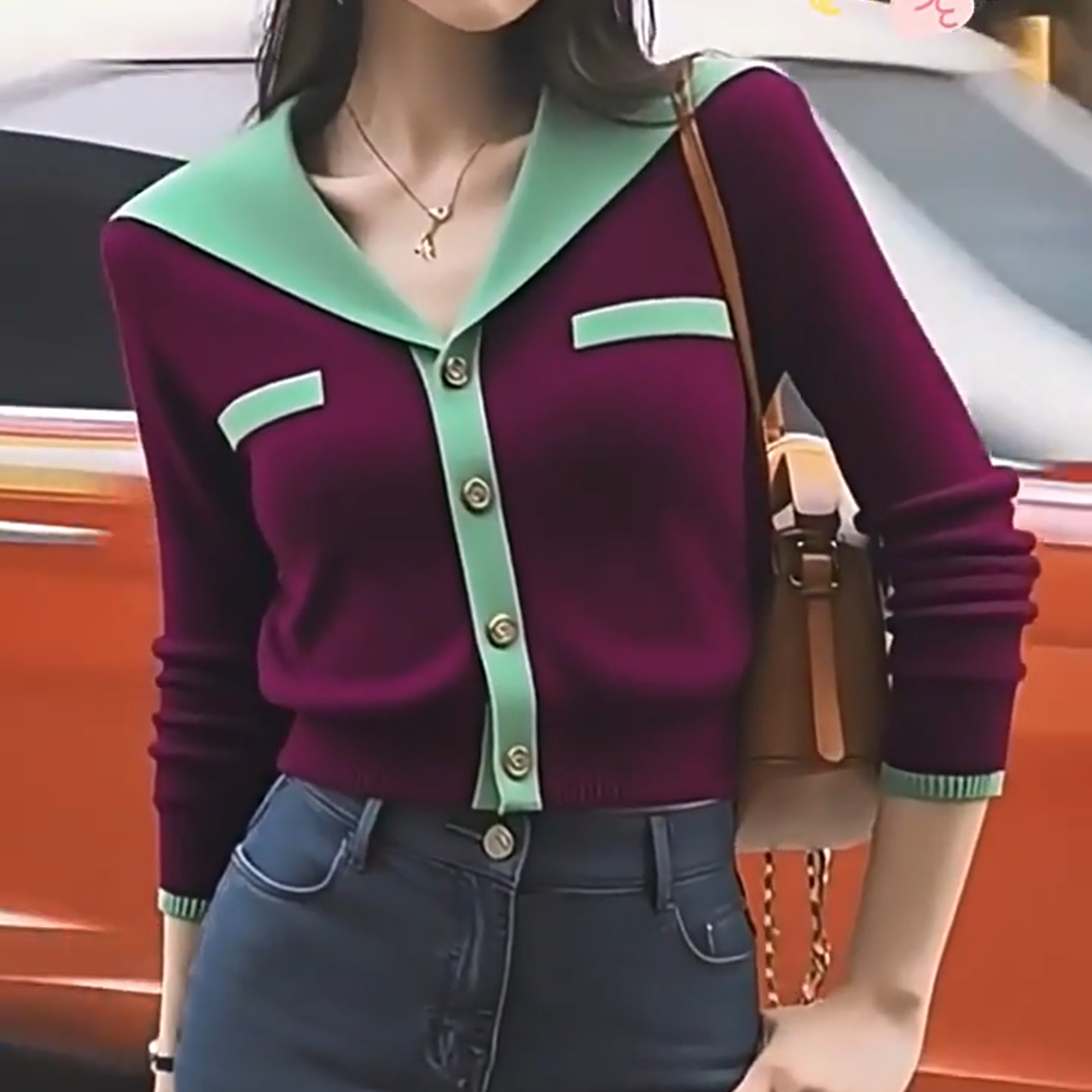 时髦高级感撞色针织开衫女秋冬新款韩系时尚气质内搭打底衫休闲