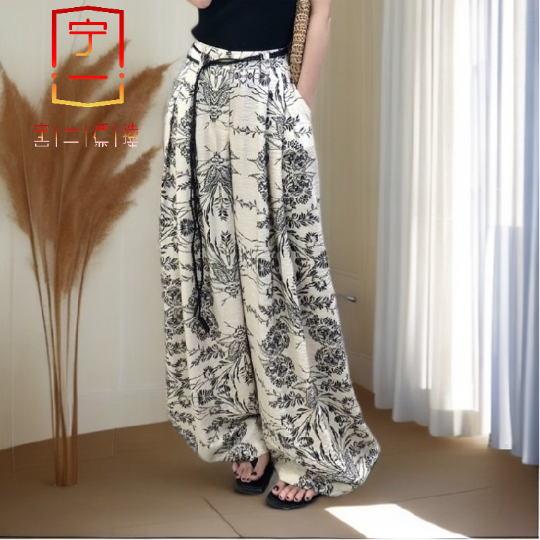 【宁一女装】时尚洋气显瘦复古提花高腰显瘦阔腿裤女夏季碎花休闲裤