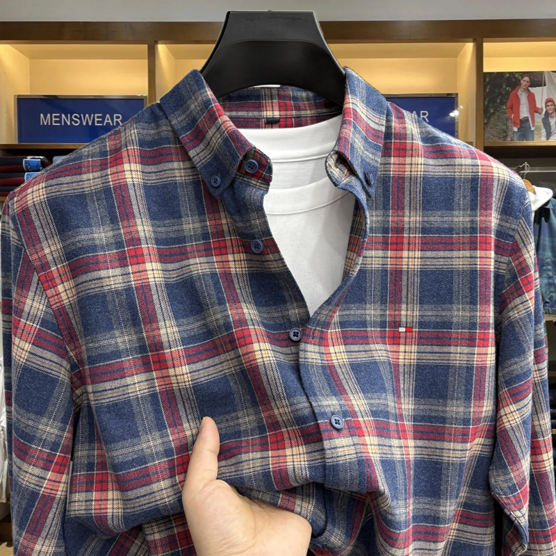 正品Tommy汤米秋季新款磨毛格纹棉衬衫男士复古百搭长袖格子衬衣