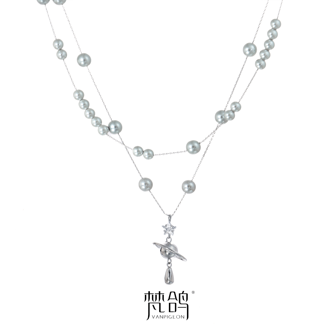 VANPIGEON/梵鸽 黄铜项链 闪耀星球叠戴项链灰色珠珠拼接双层链