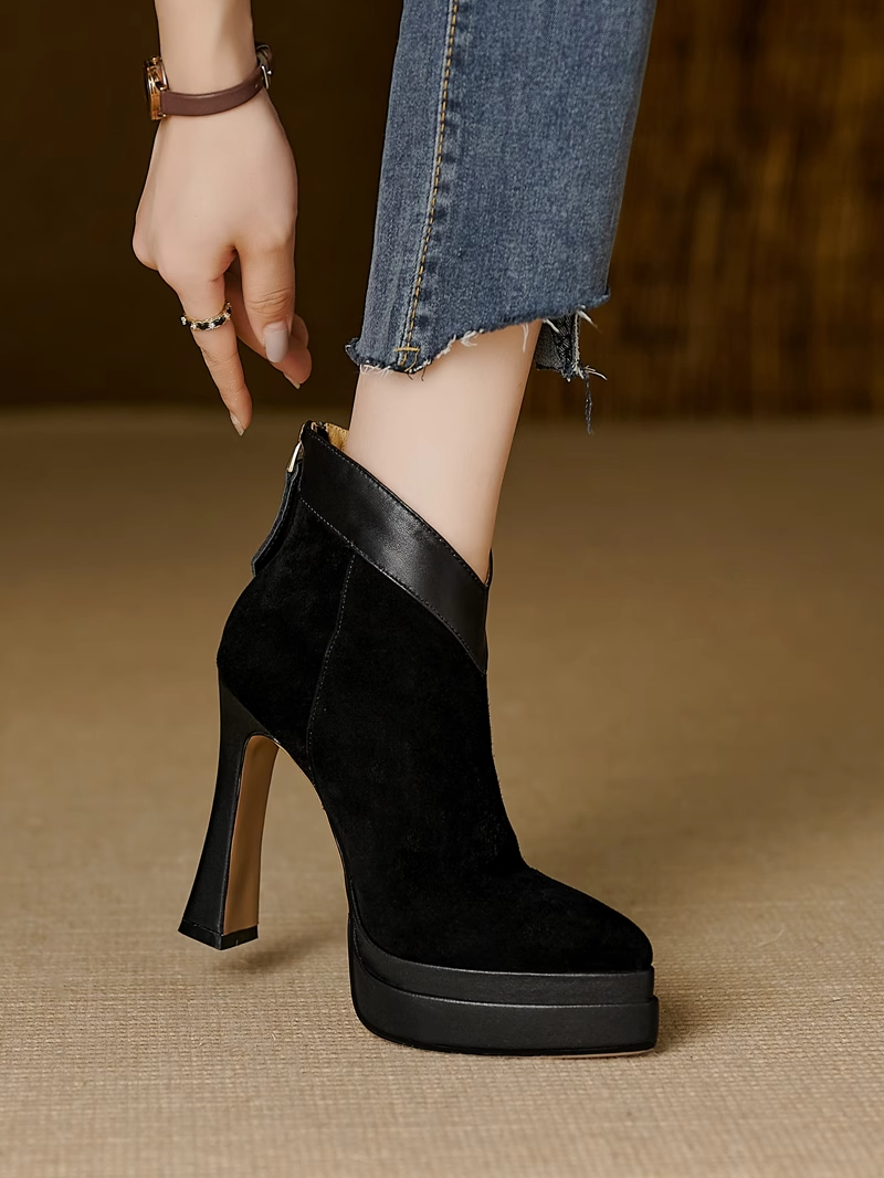 9cm软皮超高跟短靴女舒适厚底防水台粗跟尖头马丁靴单靴2025新款