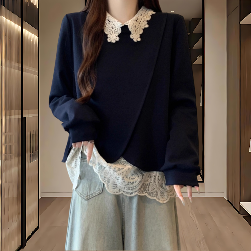 秋冬薄款甜美风潮牌女装减龄拼接设计感蕾丝卫衣显瘦洋气高贵上衣