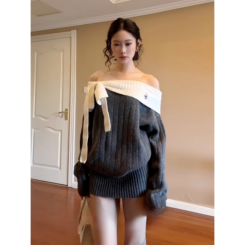 巢霞绝美一字肩针织连衣裙女秋冬新款蝴蝶结系带长袖毛衣宽松上衣