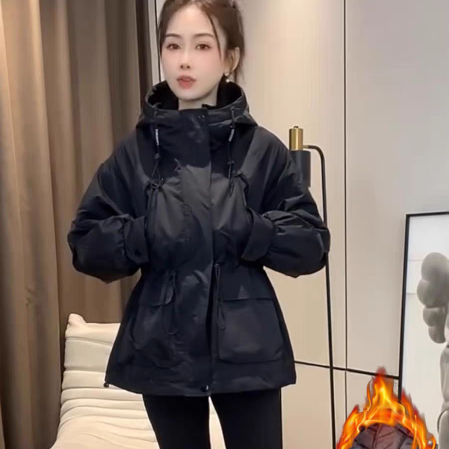 夹棉冲锋衣外套女2025秋冬新款时尚显瘦收腰加棉连帽洋气百搭衣服