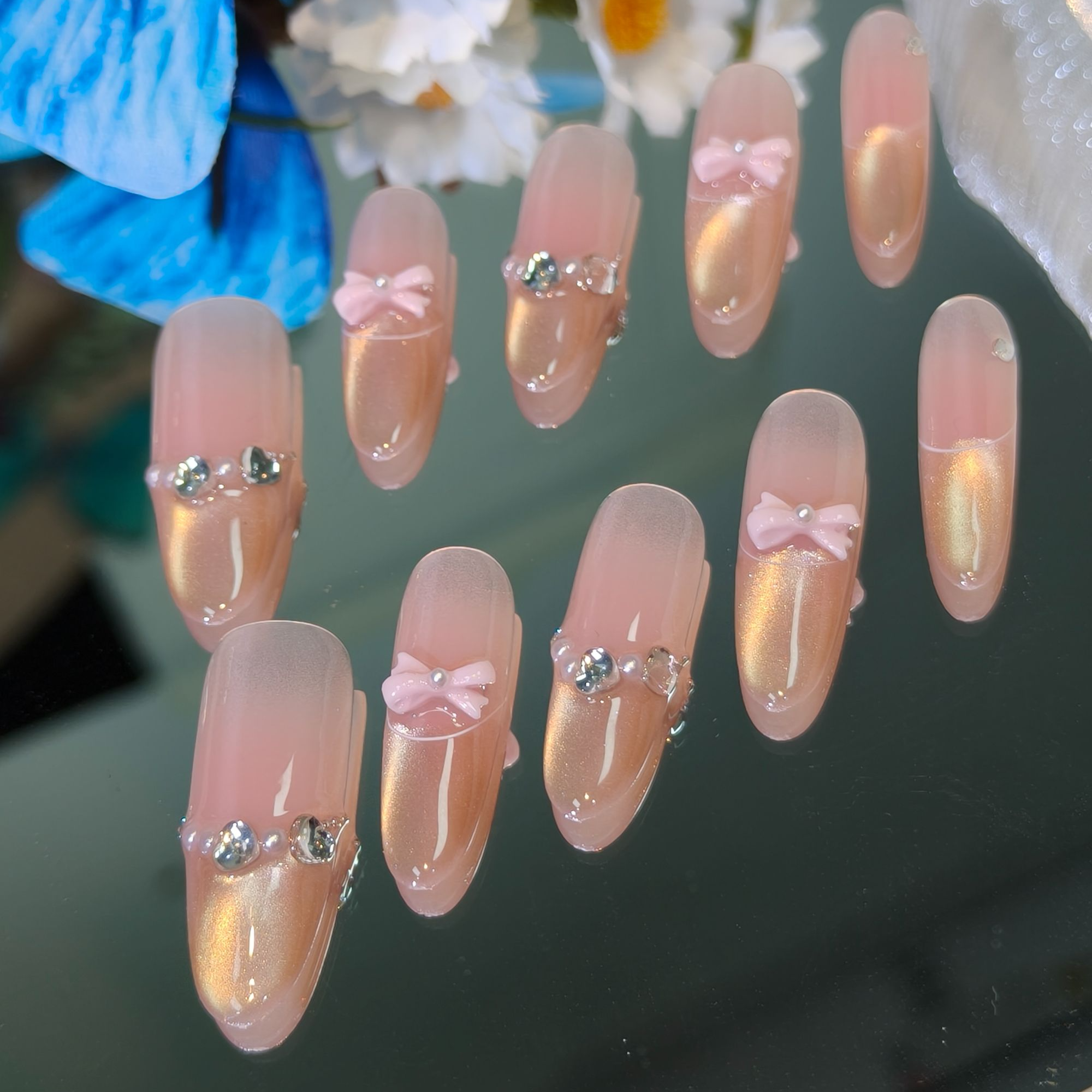 【金弦蝶语】纯手工中长款气质猫眼氛围感穿戴甲少女风美甲