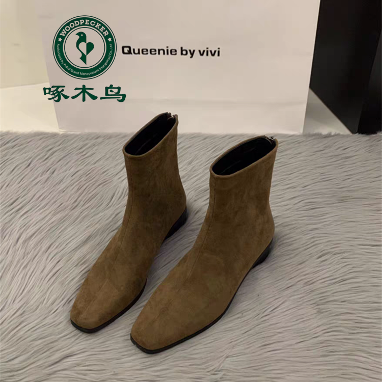 啄木鸟高级感复古方头小短靴女2025秋冬加绒瘦瘦靴法式绒面小踝靴
