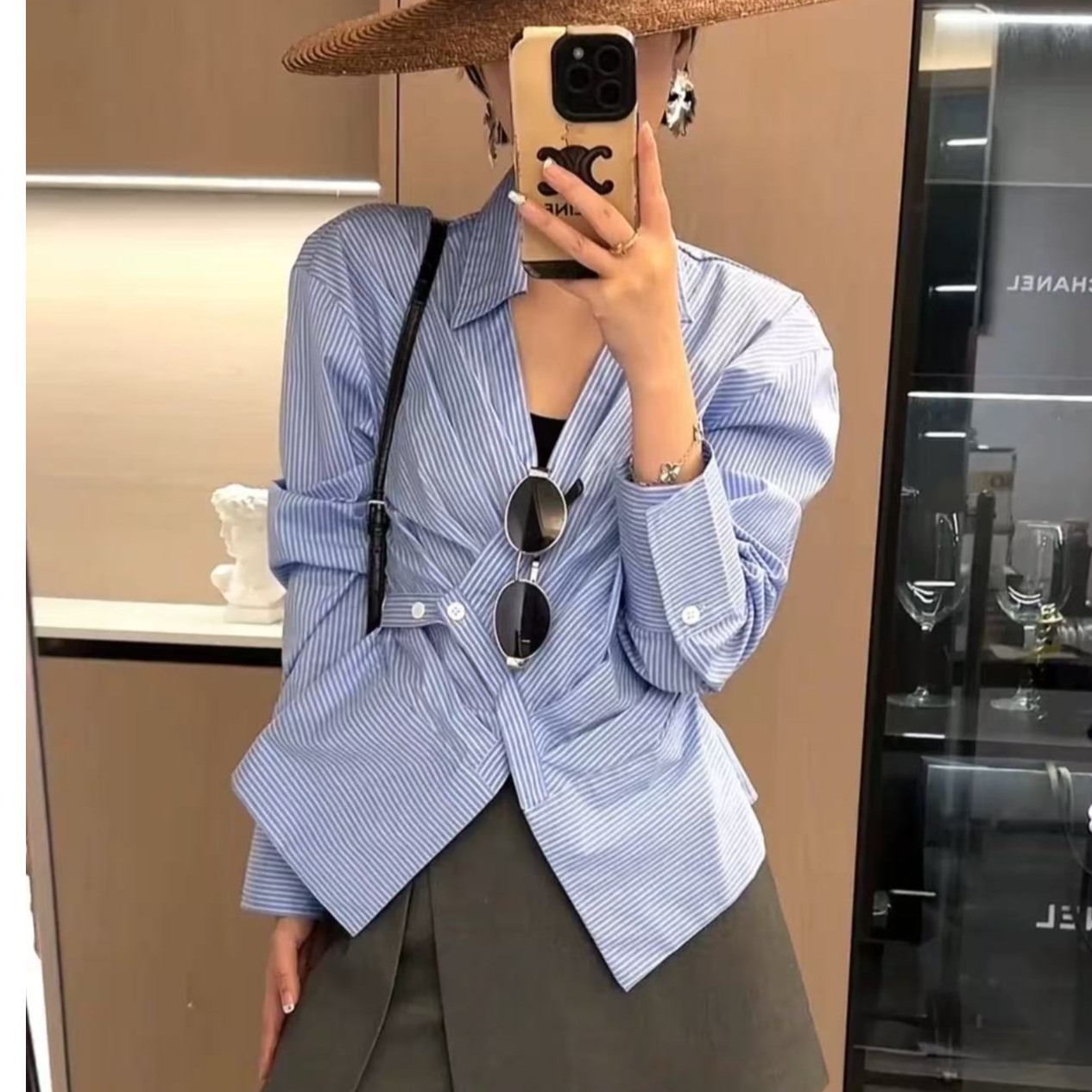 韩系不规则收腰翻领时尚条纹衬衫2025秋季高级感独特别致长袖上衣
