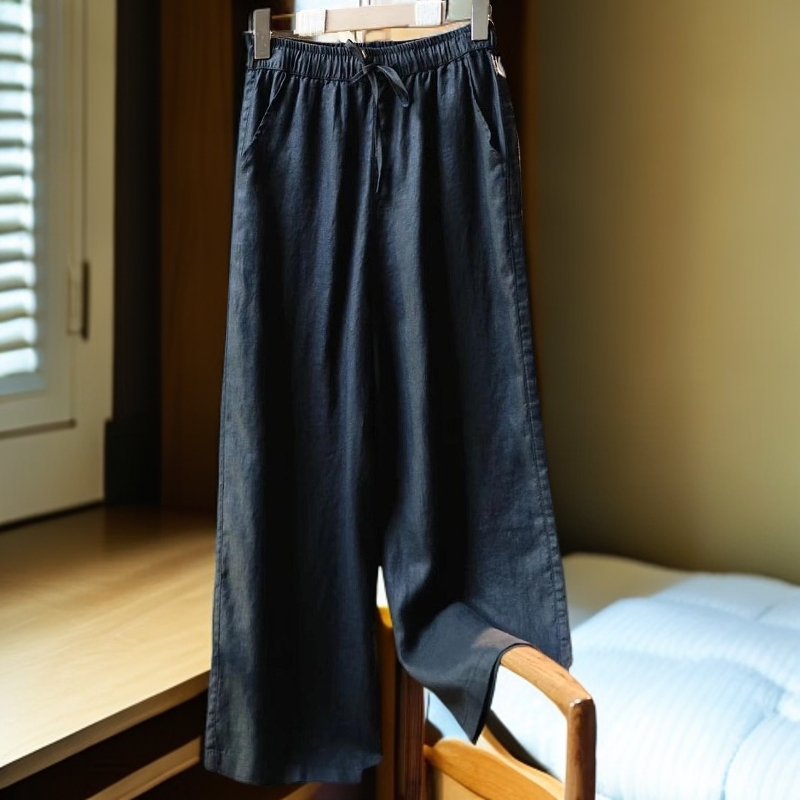 时尚慵懒风百搭9分裤女装裤子女款气质纯亚麻裤浅秋早秋宽松直筒