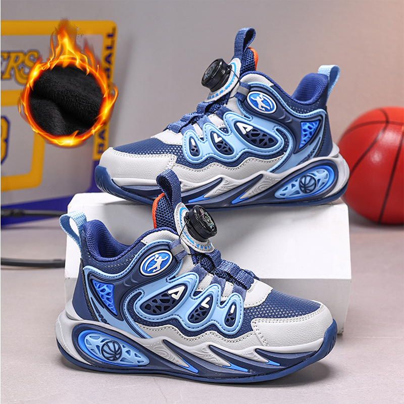 秋冬季儿童篮球鞋防水皮面加绒保暖男童跑步鞋软底女童运动鞋子