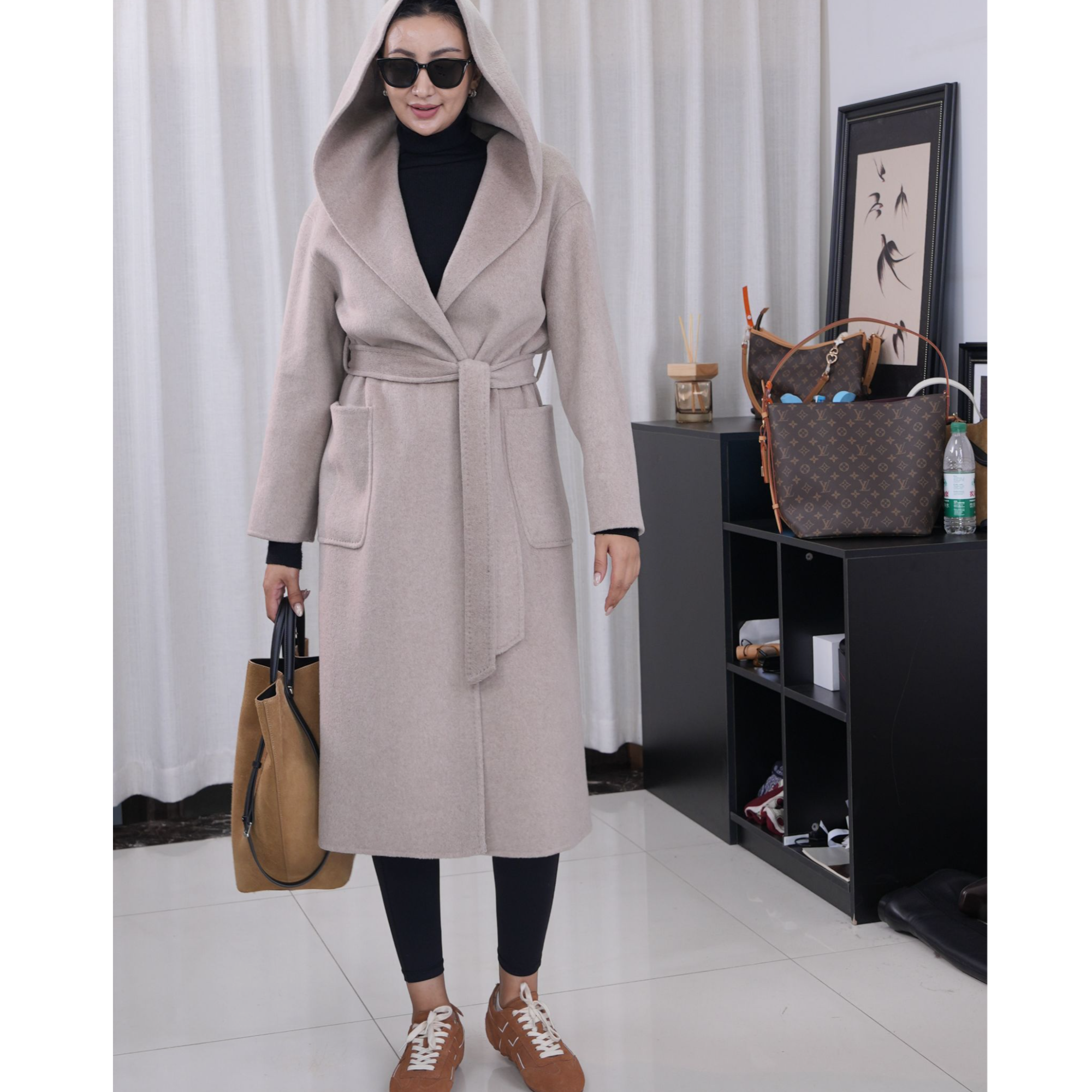 BGL连帽宽松型女羊毛外套厚款冬季落肩收腰百搭显瘦羊毛大衣86598