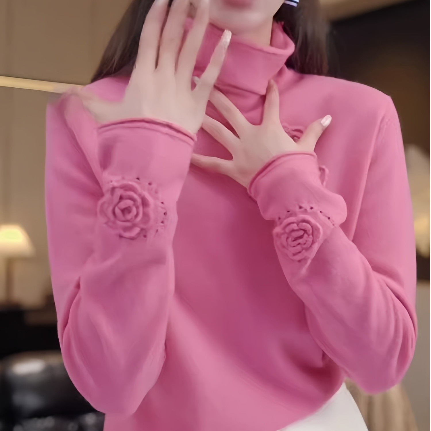 软糯显瘦洋气花朵半高领针织衫秋季新款胖MM显瘦减龄长袖上衣女装