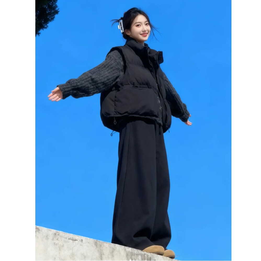 冬季流行温柔时尚叠穿休闲减龄宽松慵懒风上衣马甲阔腿裤三件套装