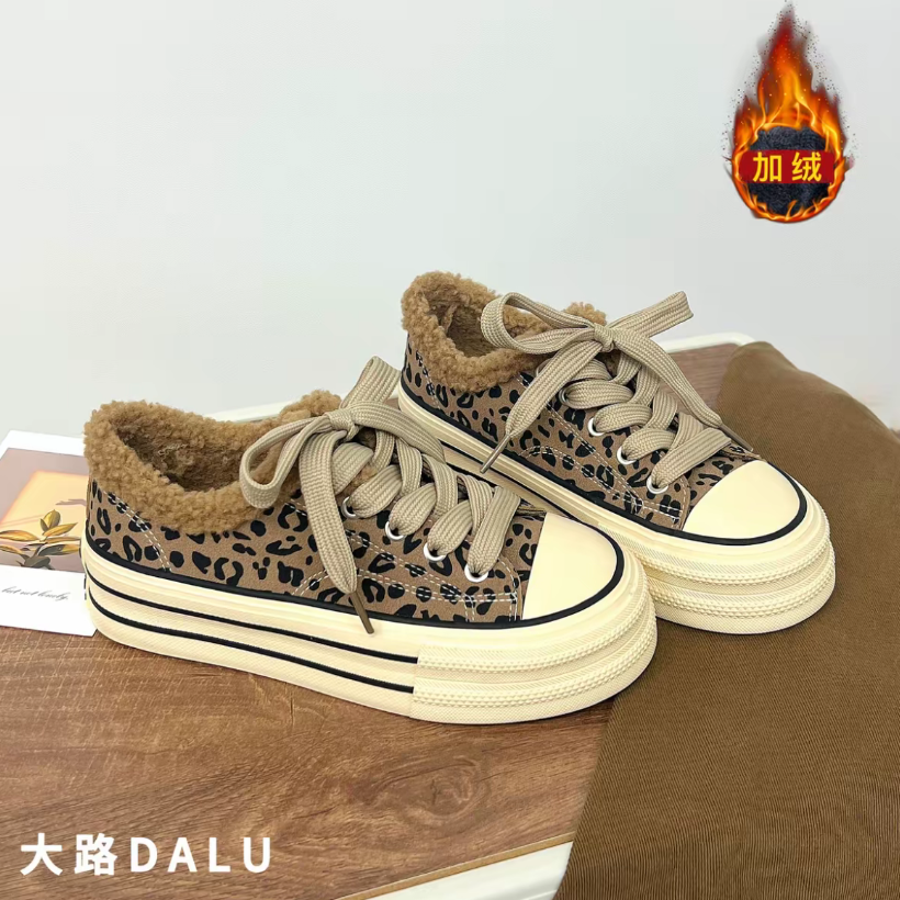 【皮面加绒】2025年冬季低帮保暖厚底帆布鞋女板鞋增高豹纹鞋子板鞋
