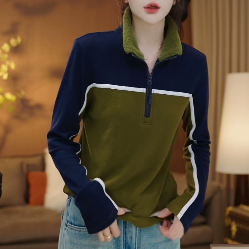 秋冬双拼色加绒加厚半开领时尚百搭长袖卫衣LK2508932
