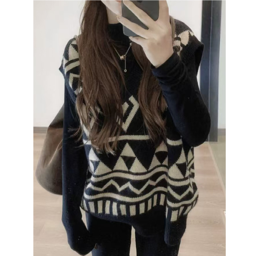 胖妹妹mm慵懒针织菱格马甲大码女装秋冬宽松显瘦V领无袖背心200斤