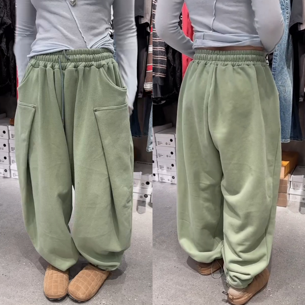 景倩妮洋气设计感两穿休闲卫裤2025年冬季新款加绒显瘦束脚阔腿裤