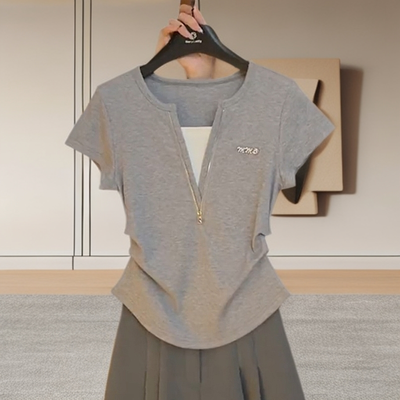 高级拉链假两件烫钻短袖T恤女夏季新款设计感捏褶收腰V领别致上衣