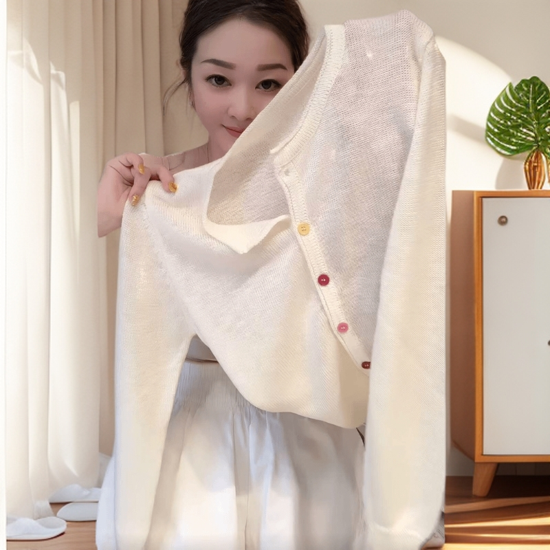 韩版设计感白色薄款长袖开衫女早秋2025新款彩色纽扣圆领针织上衣