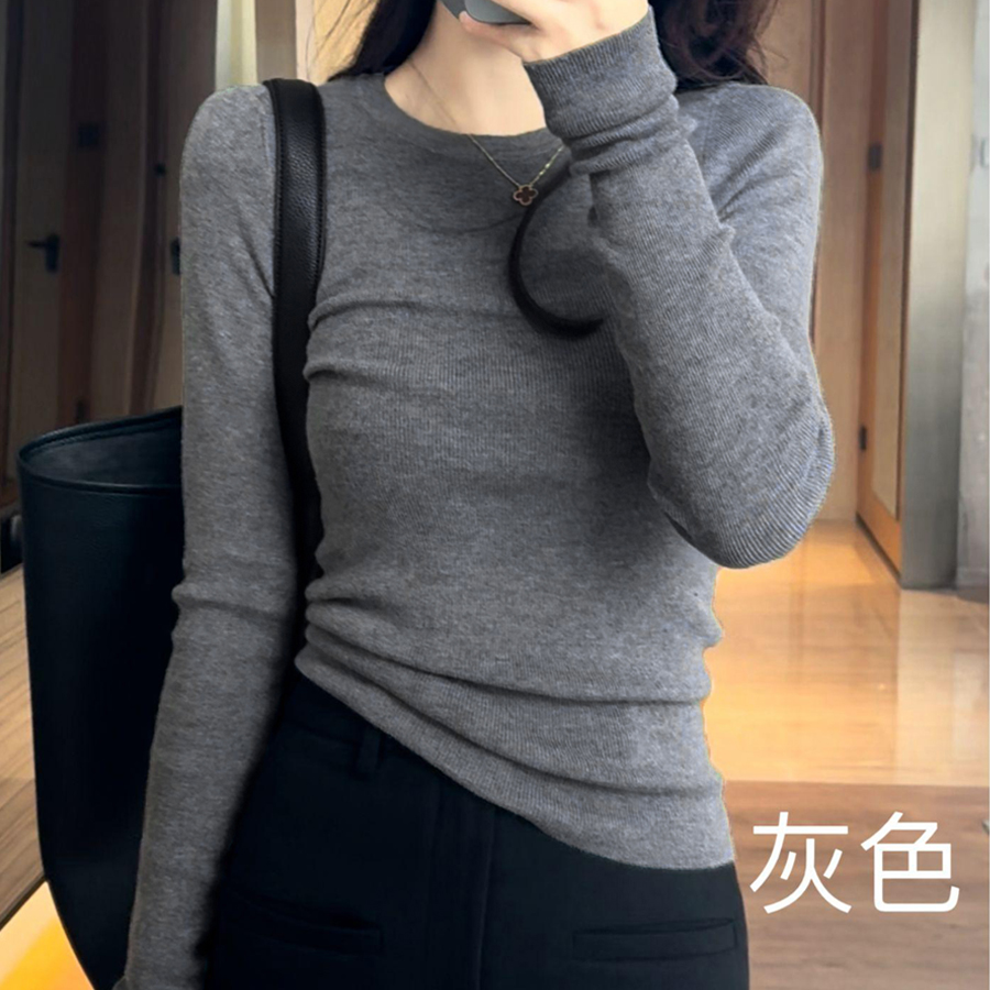 灰色圆领针织长袖t恤女装2025秋季新款高级感修身内搭正肩打底衫