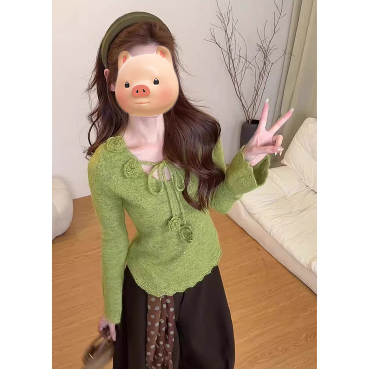 法式立体花朵绿色V领绑带长袖针织打底衫女秋冬修身内搭毛衣上衣