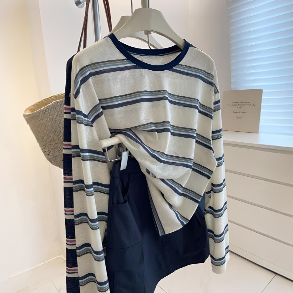 韩系条纹长袖防晒罩衫女夏季外搭宽松慵懒风薄款T恤上衣