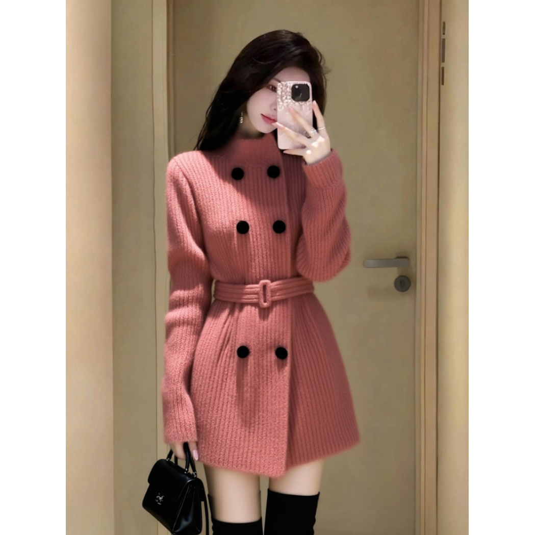 2025冬季新款独特超好看软糯中长款针织衫绝美气质粉色毛衣外套女