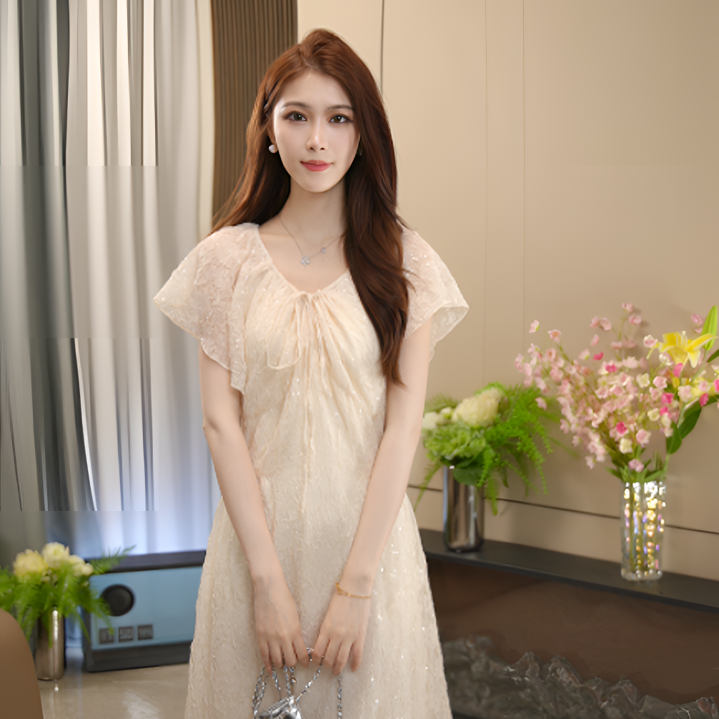 2025夏季新款V领公主袖刺绣连衣裙蕾丝法式甜美仙气长裙