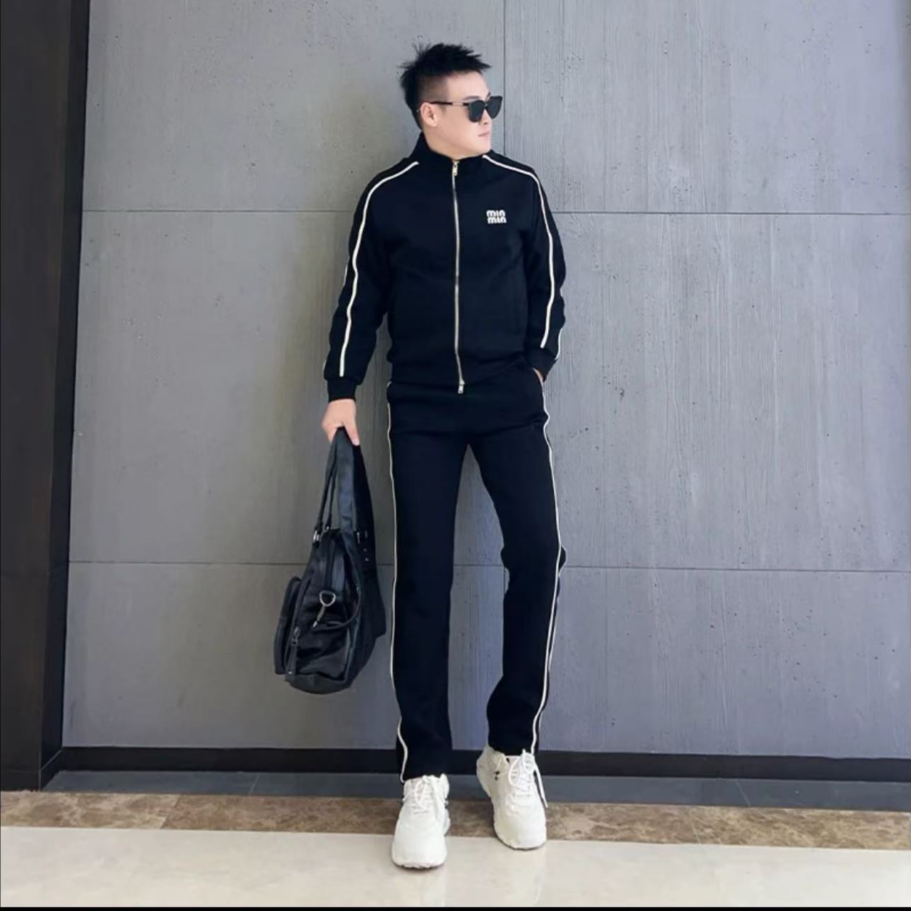 春秋新款拼接条纹立领夹克两件套舒适休闲撞色条纹直筒裤运动套装