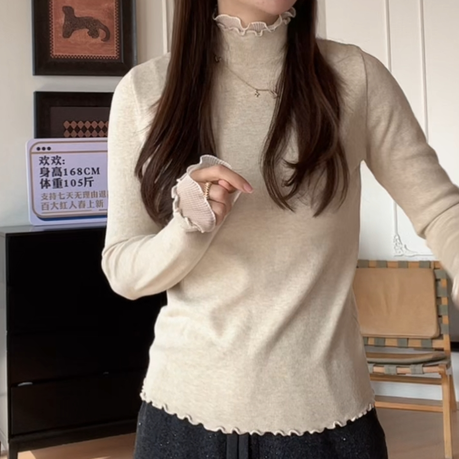 【余欢欢】冬季时尚蕾丝纱拼接半高领木耳边针织衫-YHW51183