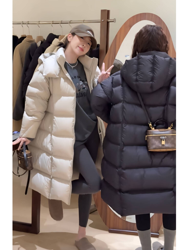 过膝棉衣女冬季宽松显瘦韩版加厚保暖白鸭绒连帽羽绒棉服外套女