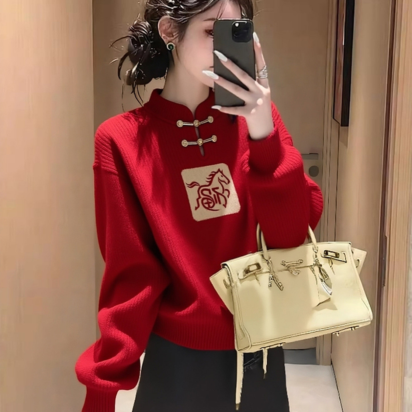 新中式国风盘扣白马红色圣诞毛衣女款2025新款冬季本命年马年衣服