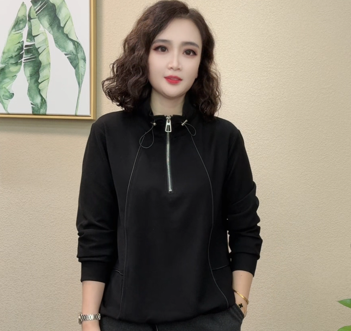 2025秋季新款女士秋季方领宽松卫衣立领百搭时尚休闲拉链#457123