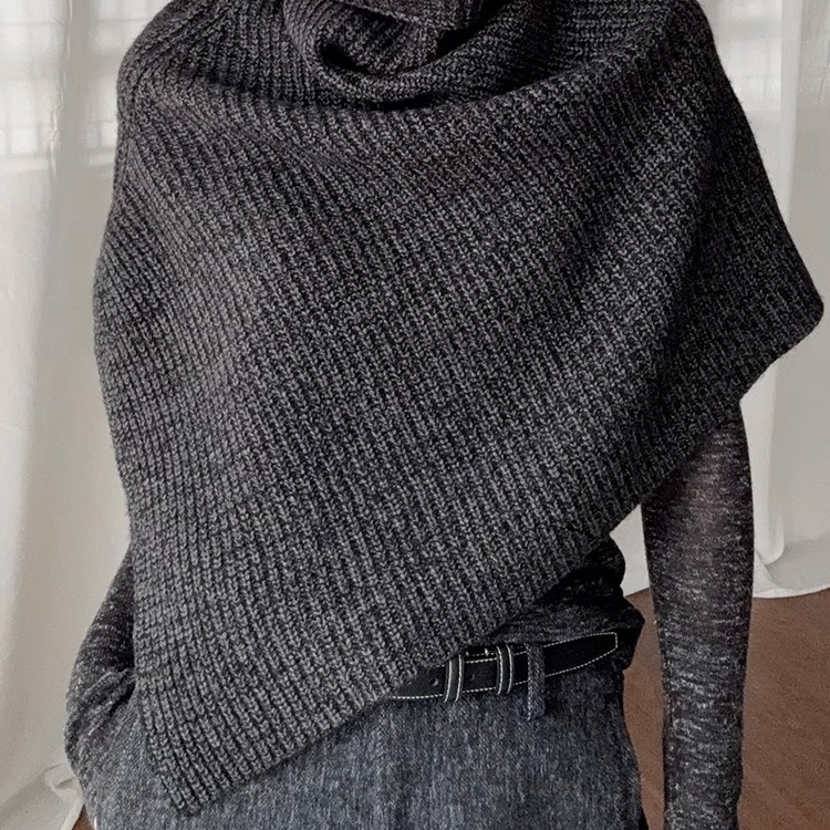 深灰色高领针织围巾女冬季高级感叠穿开叉套头脖套披肩斗篷围脖厚
