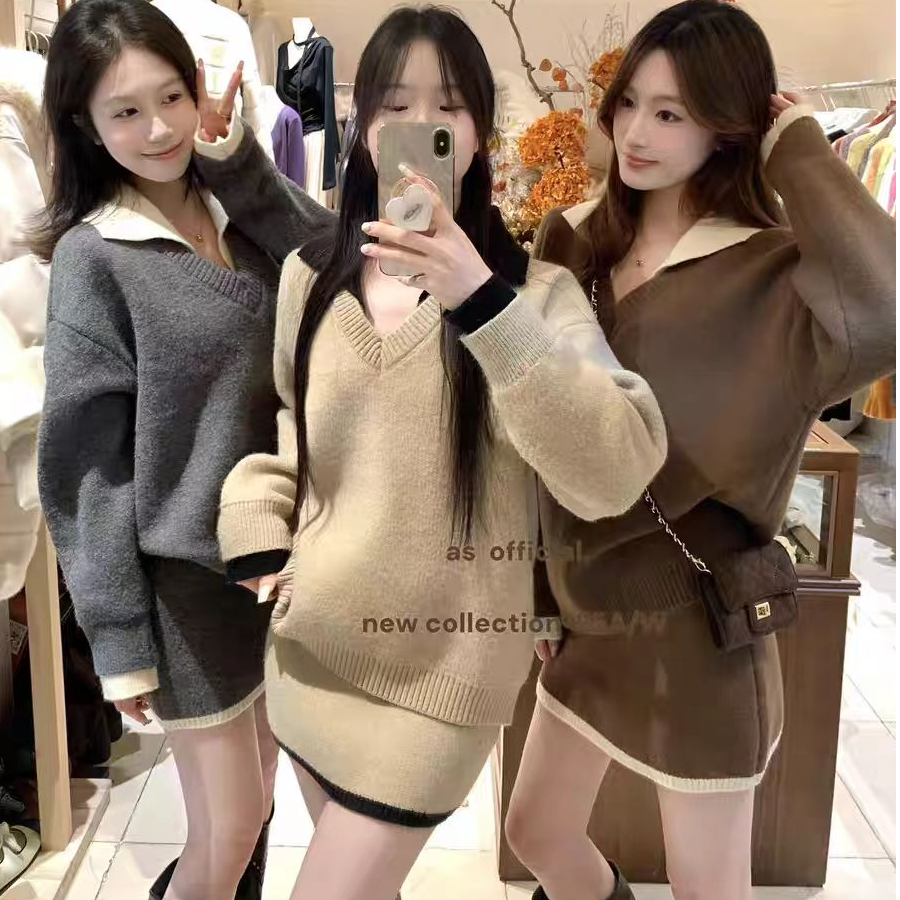 设计感polo领撞色气质针织套装女秋冬慵懒风V领毛衣半身裙两件套