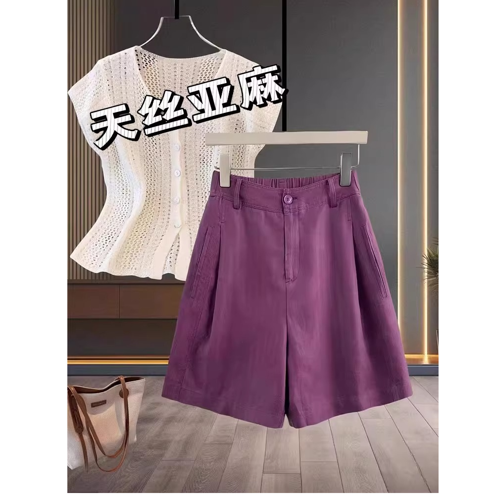 天丝亚麻短裤女夏季胖mm大码高腰显瘦a字阔腿五分裤棉麻西装中裤