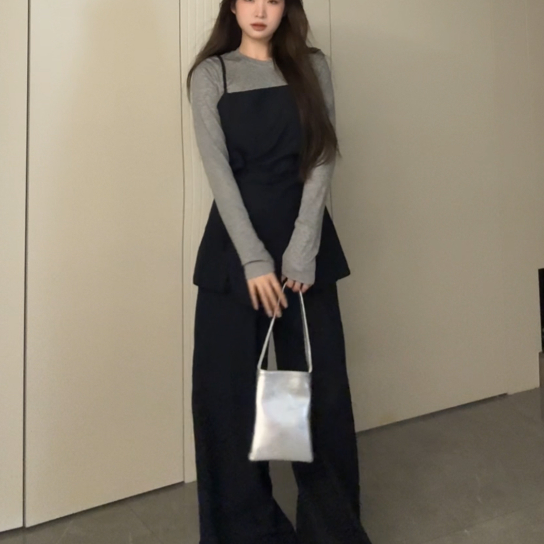 早秋穿搭一整套女大码胖mm显瘦遮肚减龄吊带背心上衣阔腿裤三件套