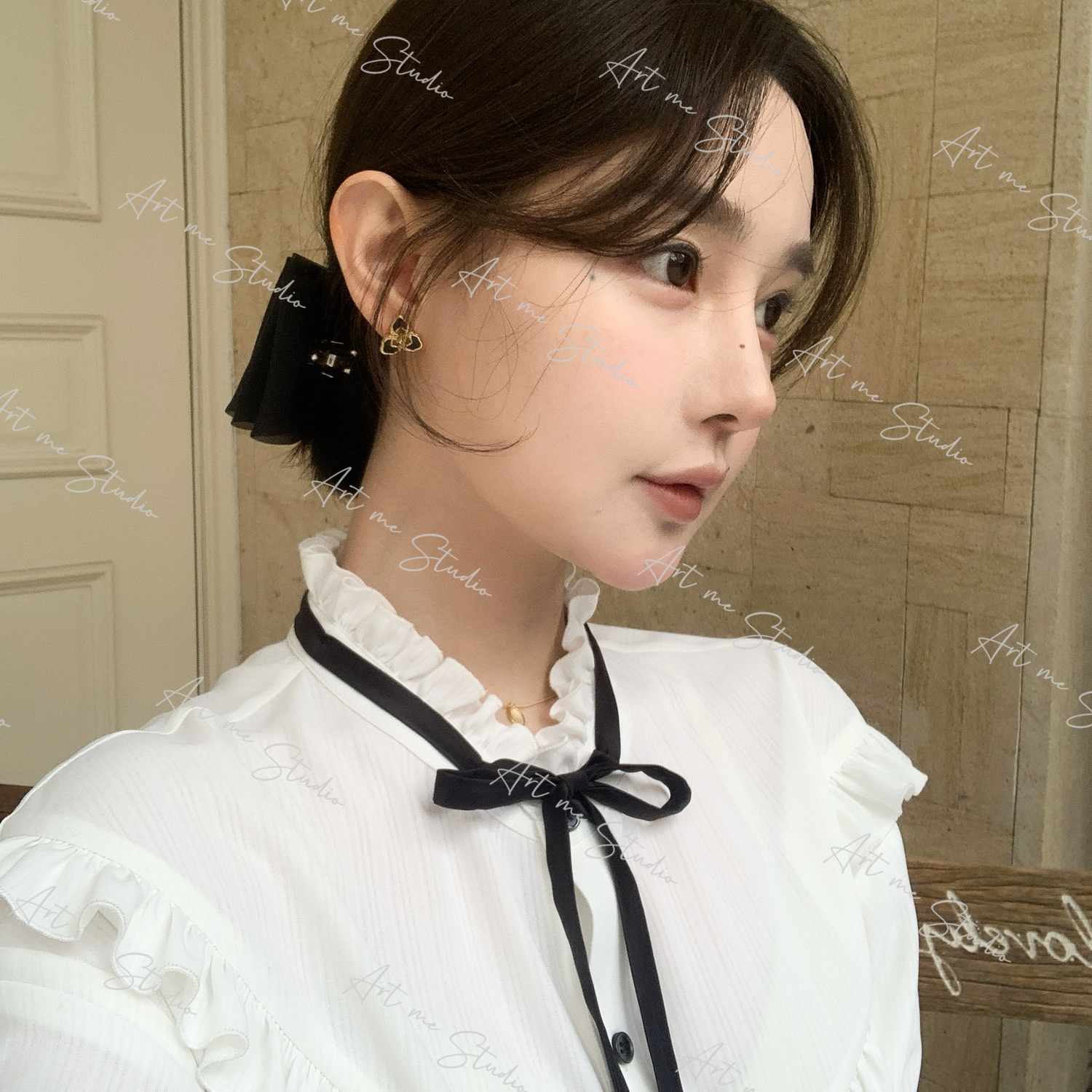 【ART ME】法式文艺风荷叶领口系带肌理感灯笼袖衬衫w1978j1