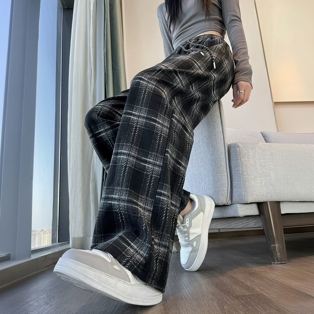 窄版阔腿裤子女春秋季2025新款显瘦高腰休闲小个子香蕉运动格子裤