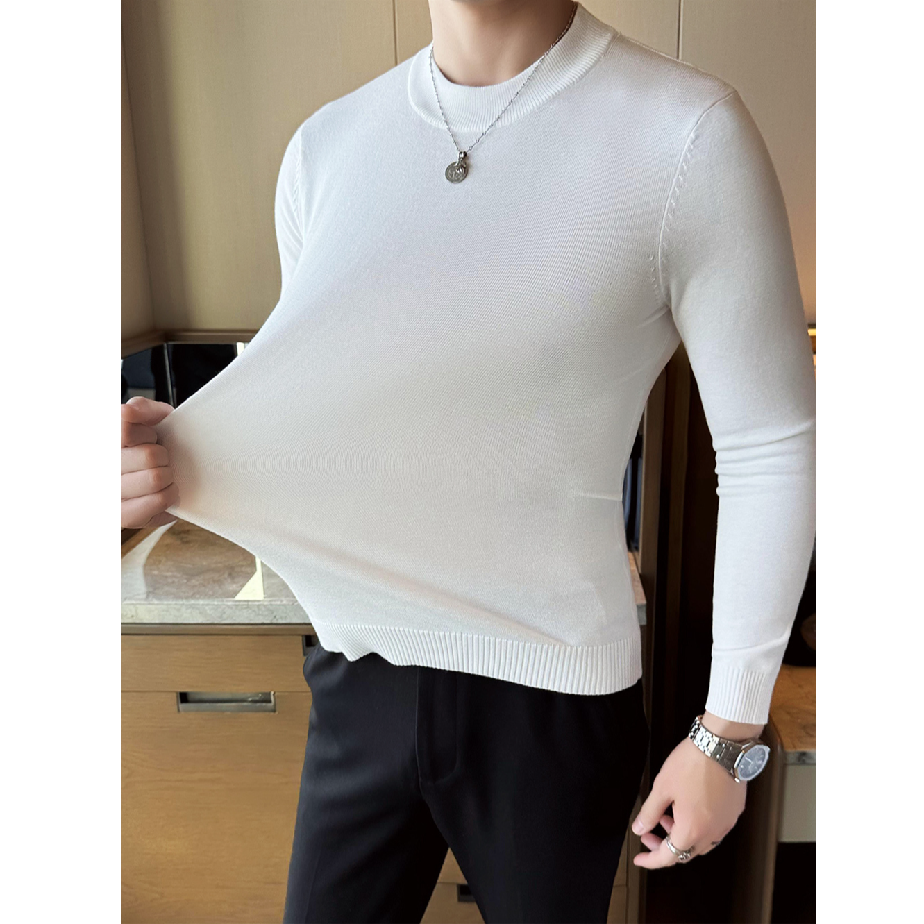 潮流毛衣男纯色针织衫立领打底衫半高领线衣t恤弹力修身体恤上衣