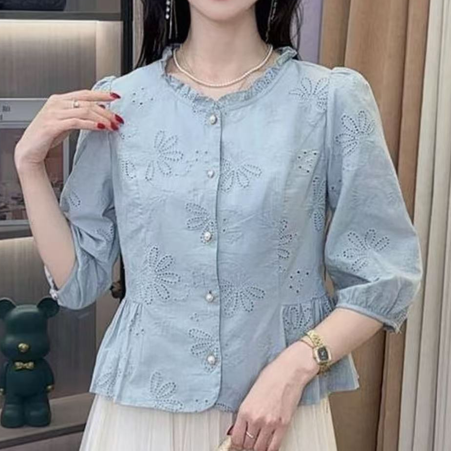 【现货-运费补贴】绣花甜美女款小衫2025法式洋气蕾丝花边七分袖