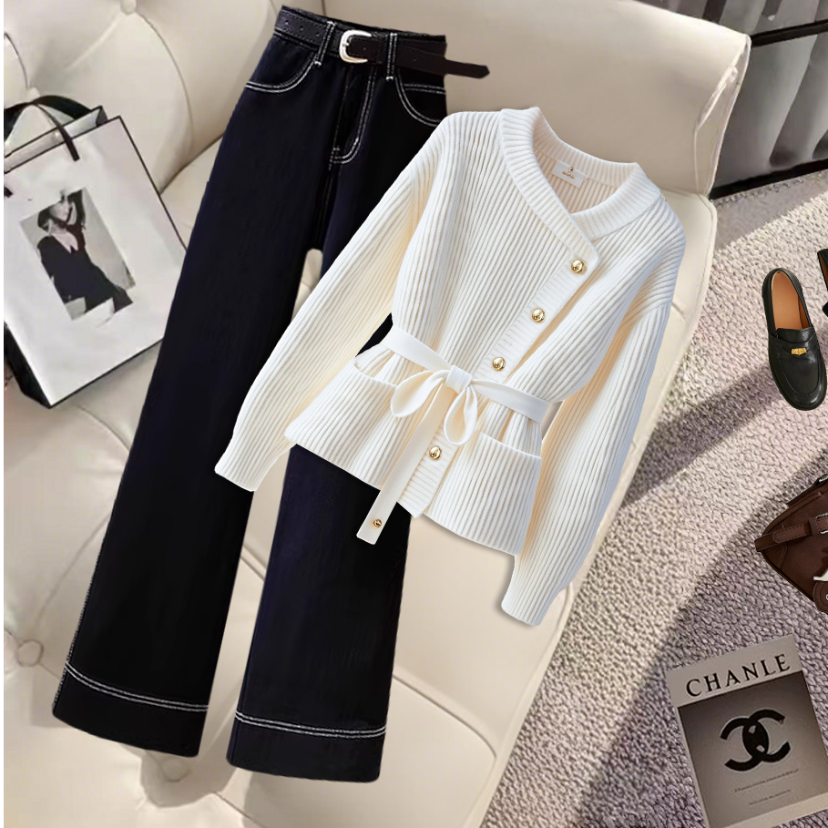 2025高贵两件套时尚女装法式慵懒风减龄白毛衣女百搭休闲阔腿裤女