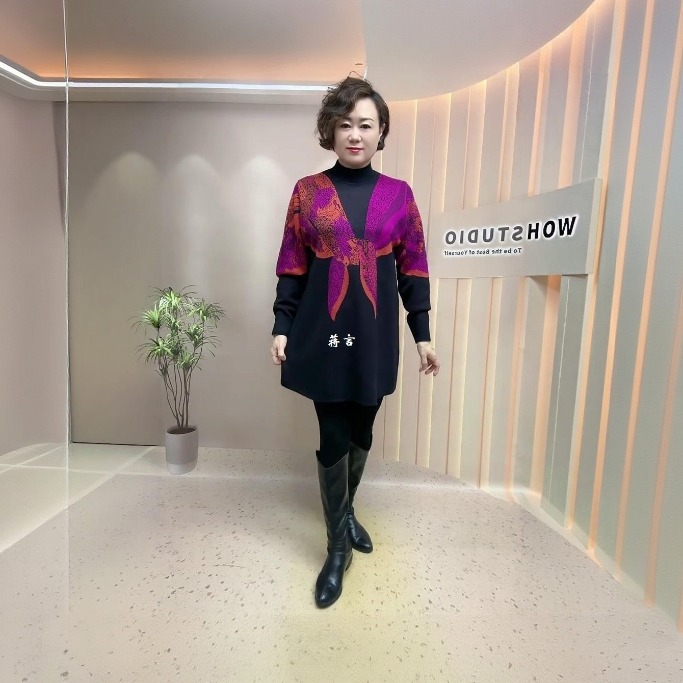 秋冬新款时尚洋气宽松显瘦针织衫中老年妈妈装半高领印花打底毛衣