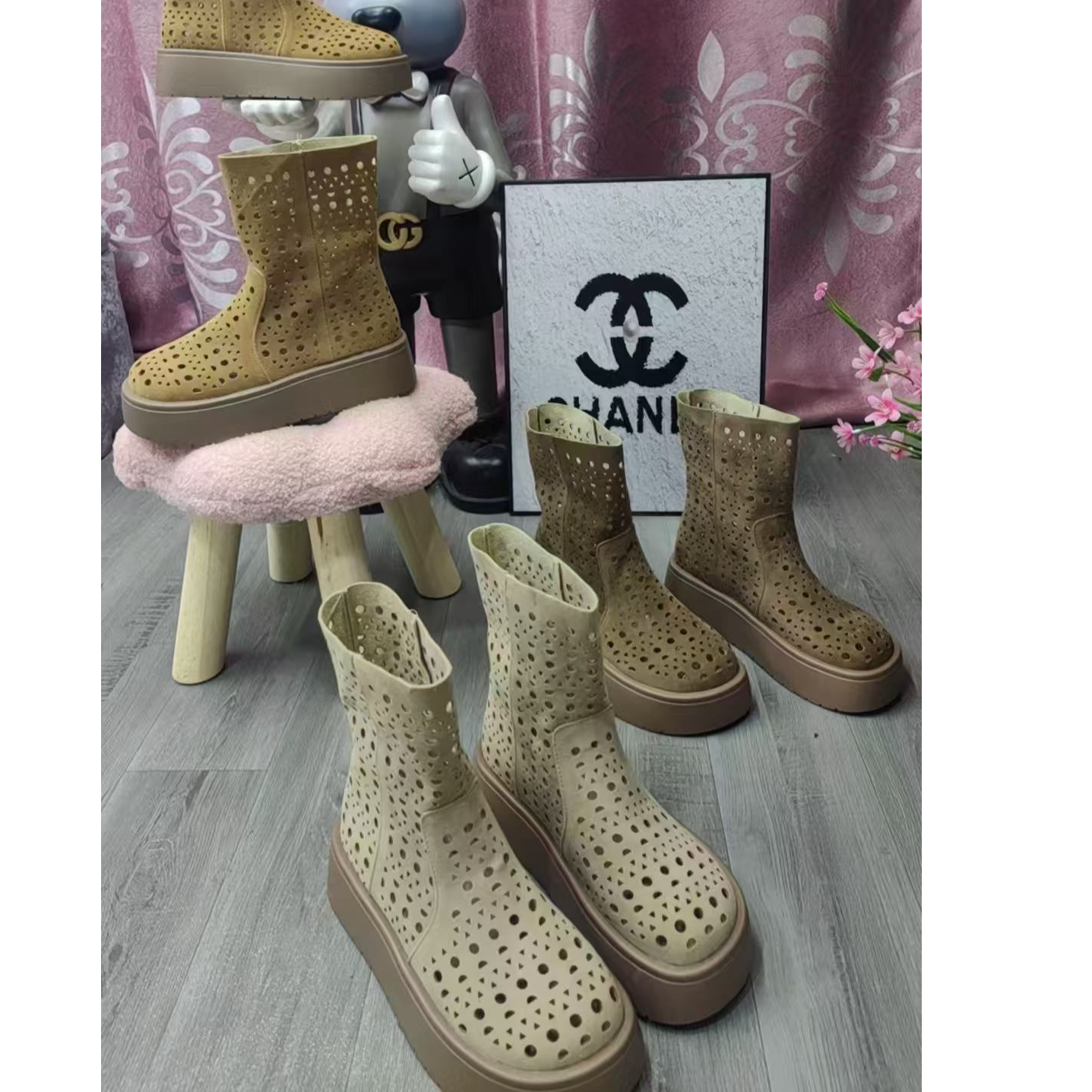 厚底增高5公分薄款镂空网靴女夏季新款透气百搭平底洞洞鞋短女款