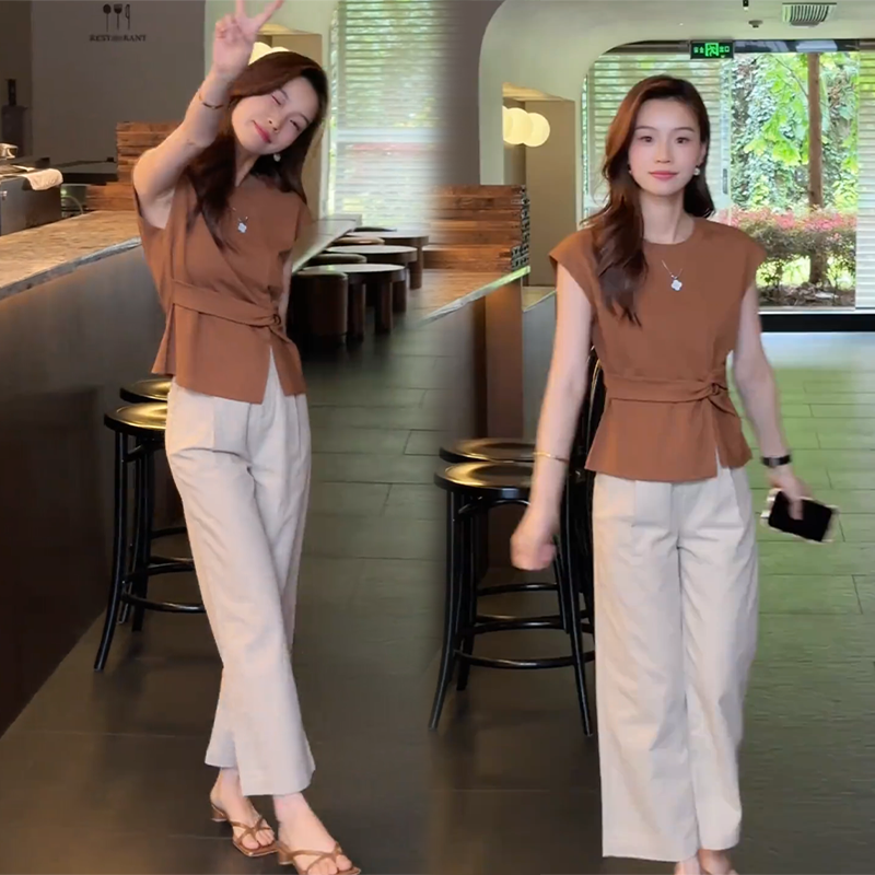 纯欲慵懒风女装夏季2025新款韩版轻熟风收腰飞飞袖短袖上衣两件套