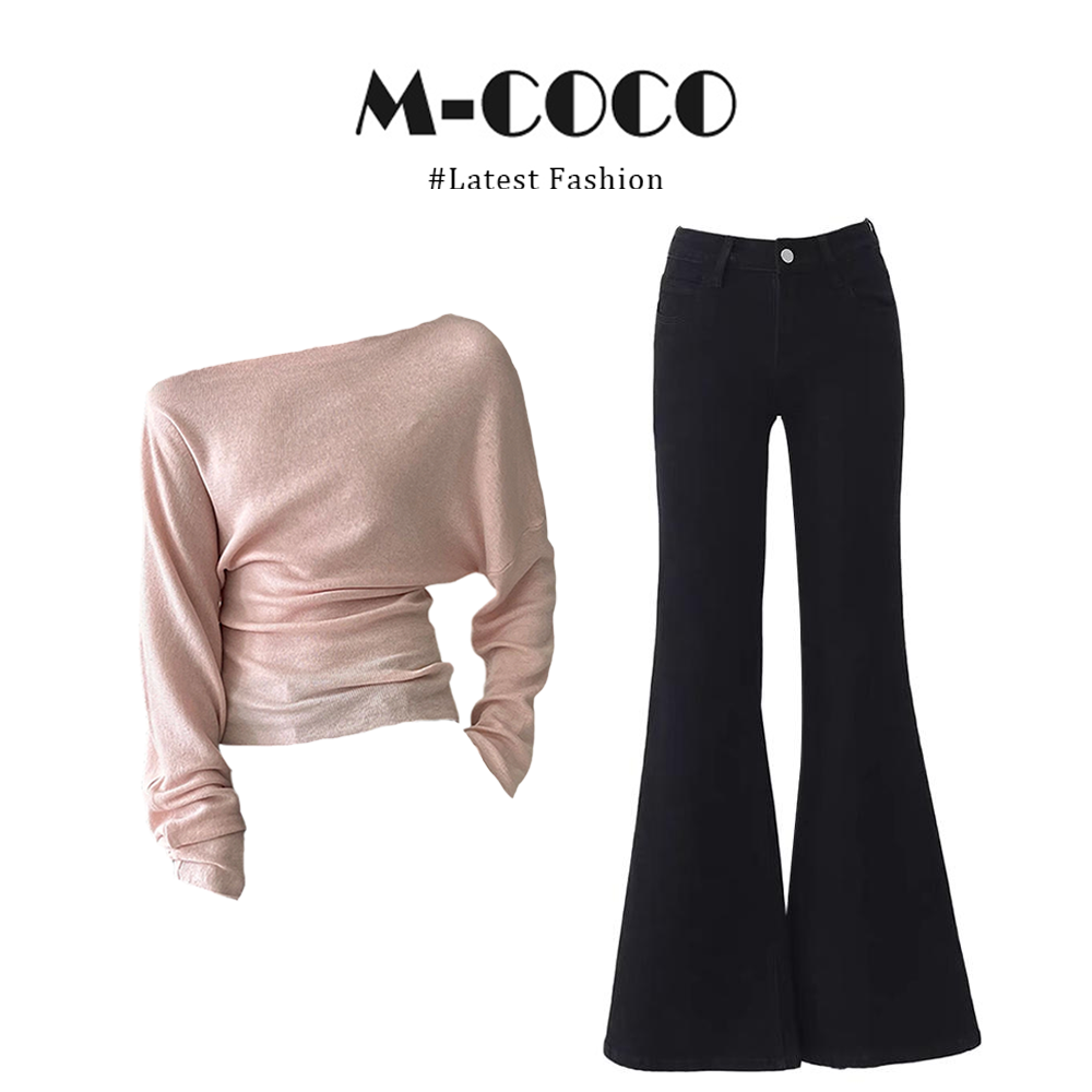 MARIE.COCO粉色斜肩设计感收腰显瘦针织毛衣秋季新款微喇裤两件套