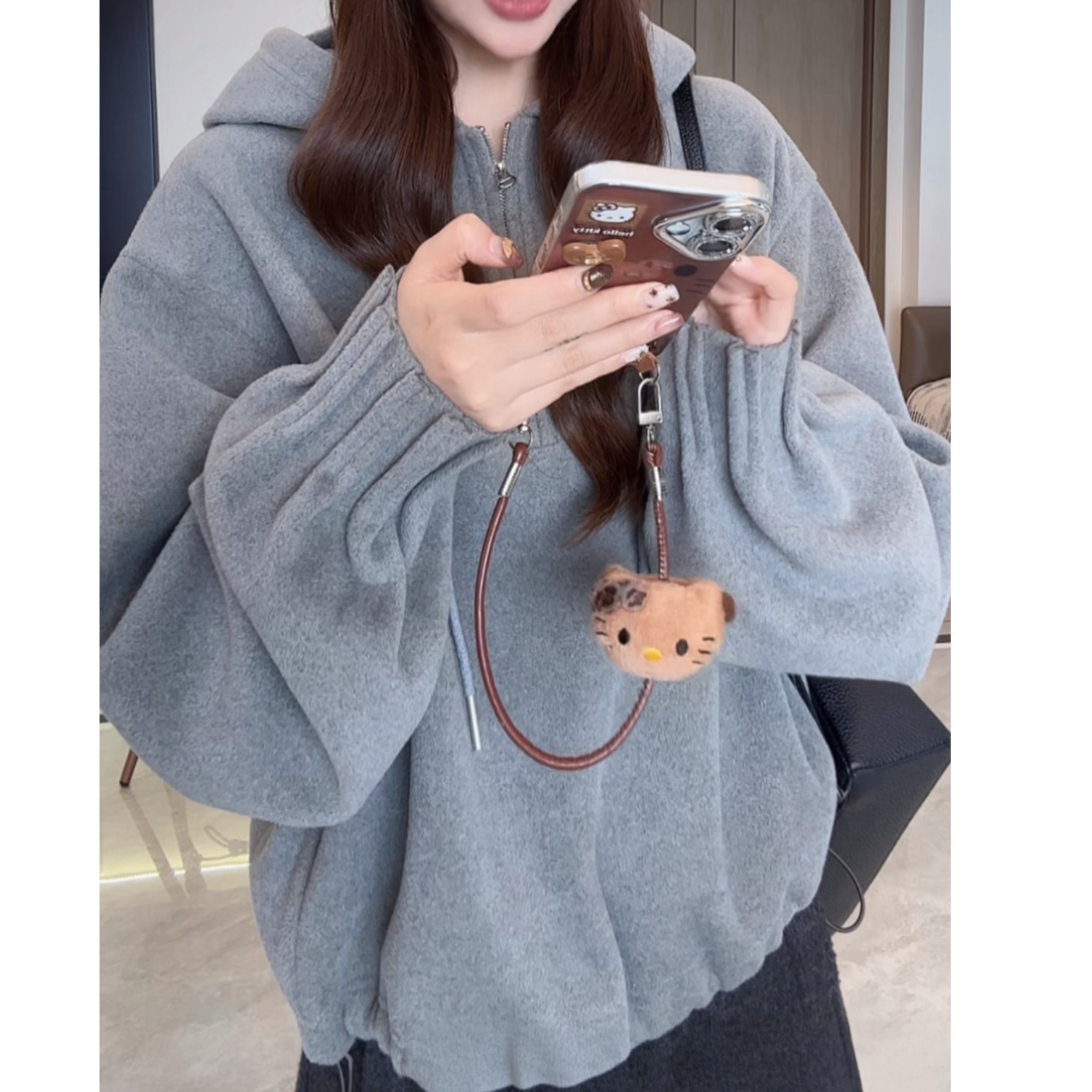 小众设计宽松独特袖口褶皱半拉链连帽卫衣女冬季新款时尚灰色上衣