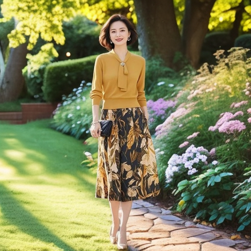 中年妈妈洋气针织套装春秋高级感气质显瘦减龄上衣半身裙子两件套