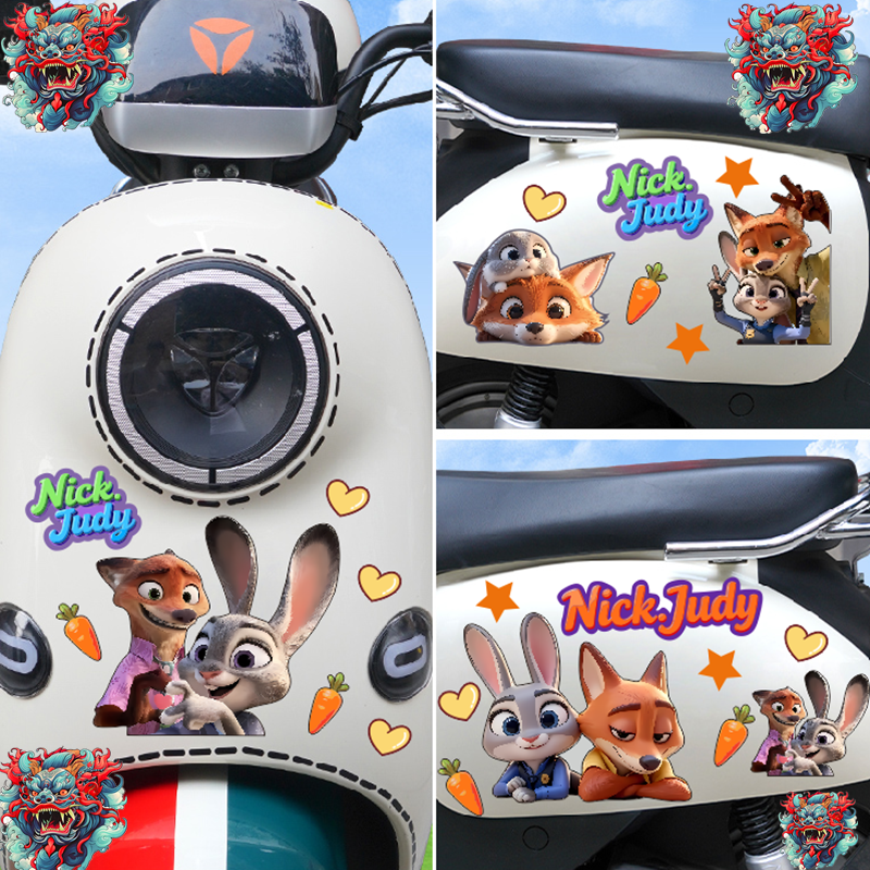 疯狂动物城卡通动漫贴纸电动车装饰遮痕防水可爱风行李箱汽车车贴